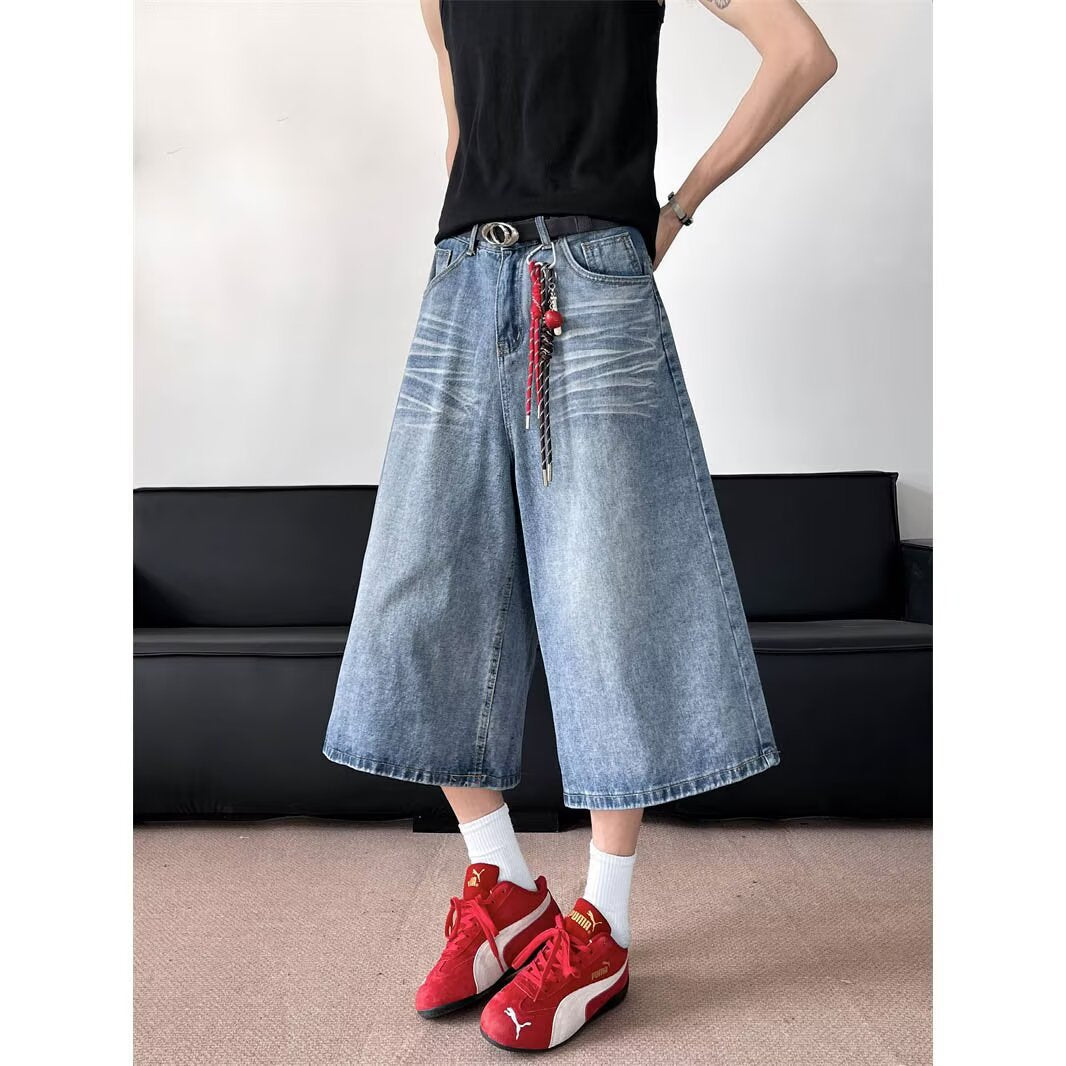 Grid Splicing Denim Wide Leg Shorts