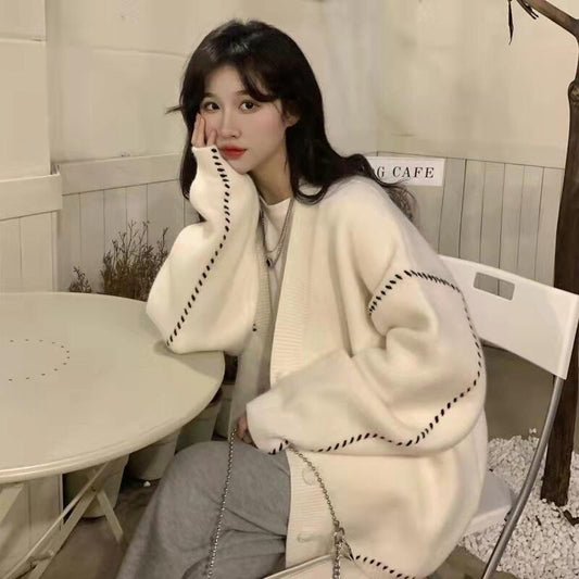 V-Neck Loose College Chic Cardigan for Women