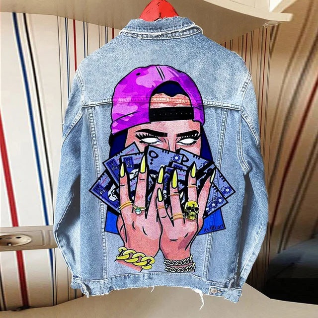 Harajuku Style Tongue Out Print Denim Jacket for Women