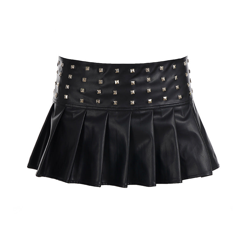 Rivet Pleated Half Skirt Slim Fit Short Skirt