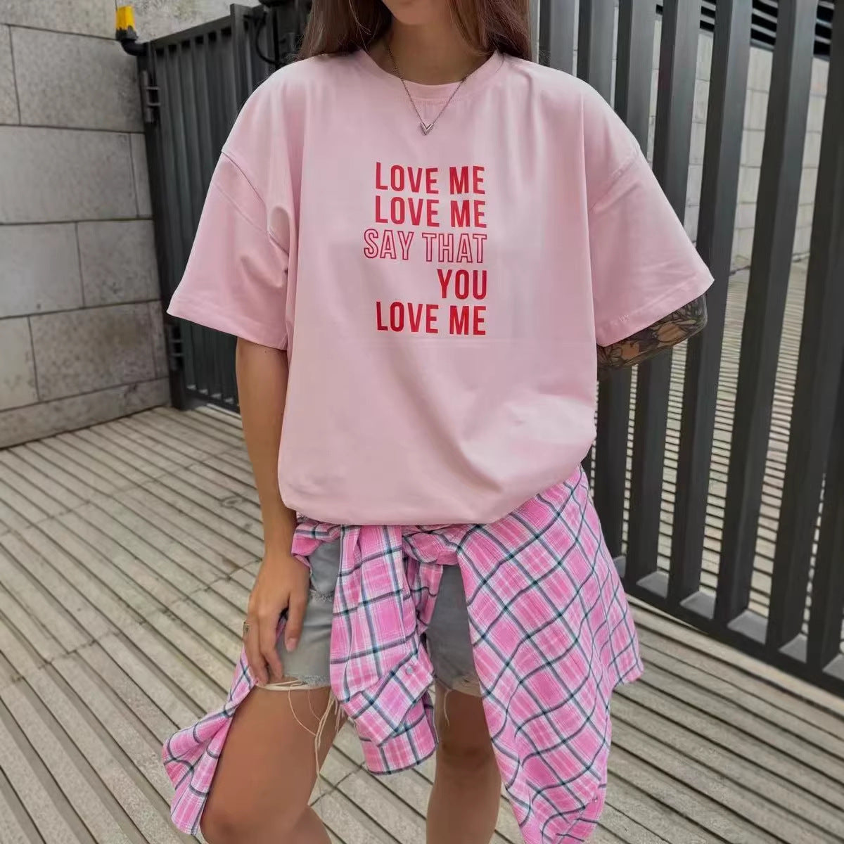 Harajuku Round Neck Short Sleeve T-Shirt for Women — Pink Cotton Loose Fit Harajuku Style
