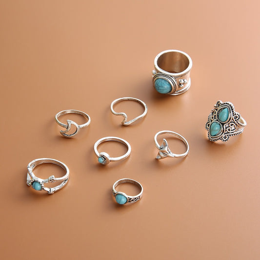 Playful Crescent Fish Tail Diamond Set Ring - 8-Piece Combo