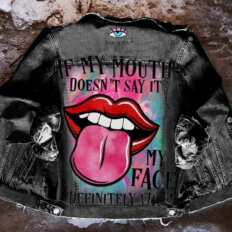 Playful Denim Jacket with Tongue Out Print