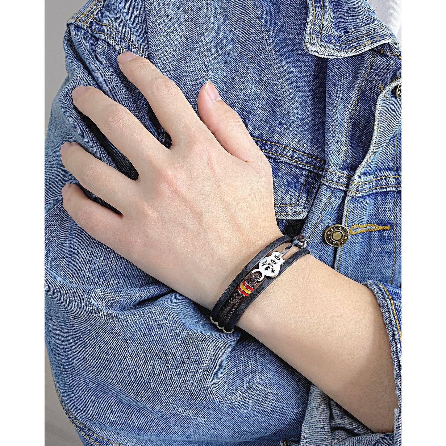 Punk Men's Leather Guitar Bracelet - Multilayer Braided Style