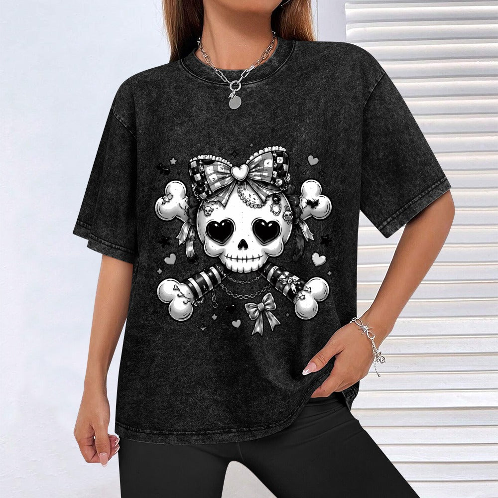 Harajuku Skull and Crossbones Hot Vintage Wash Off Shoulder Short-Sleeved T-Shirt