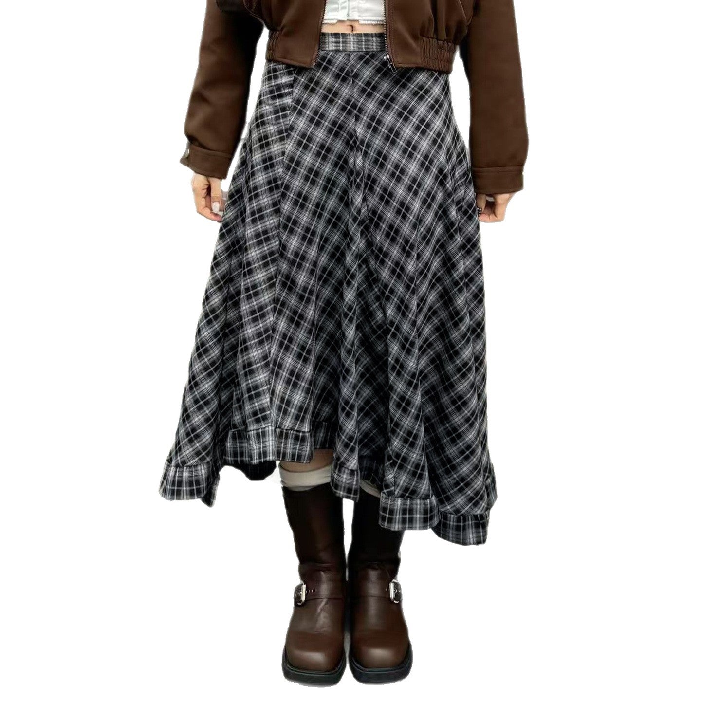British College Style Irregular Plaid Skirt Hem Low Waist Vintage A-line Midi Skirt for Campus Girls with Slimming Fit
