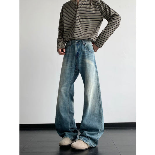 Light Blue Wide Leg Cat Whisker Jeans for Men