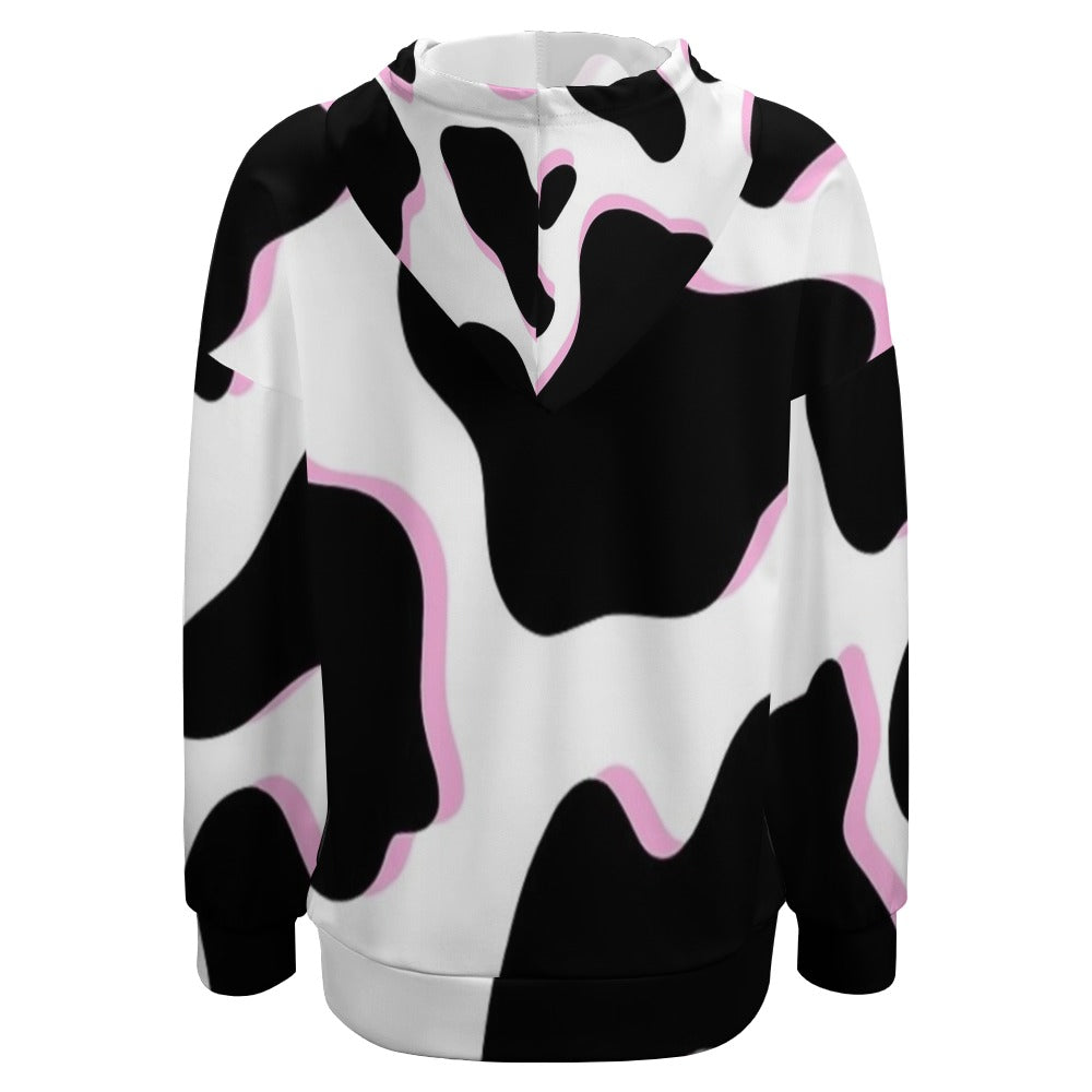Black and Pink Cow Pattern Dropped Sleeve Hoodie