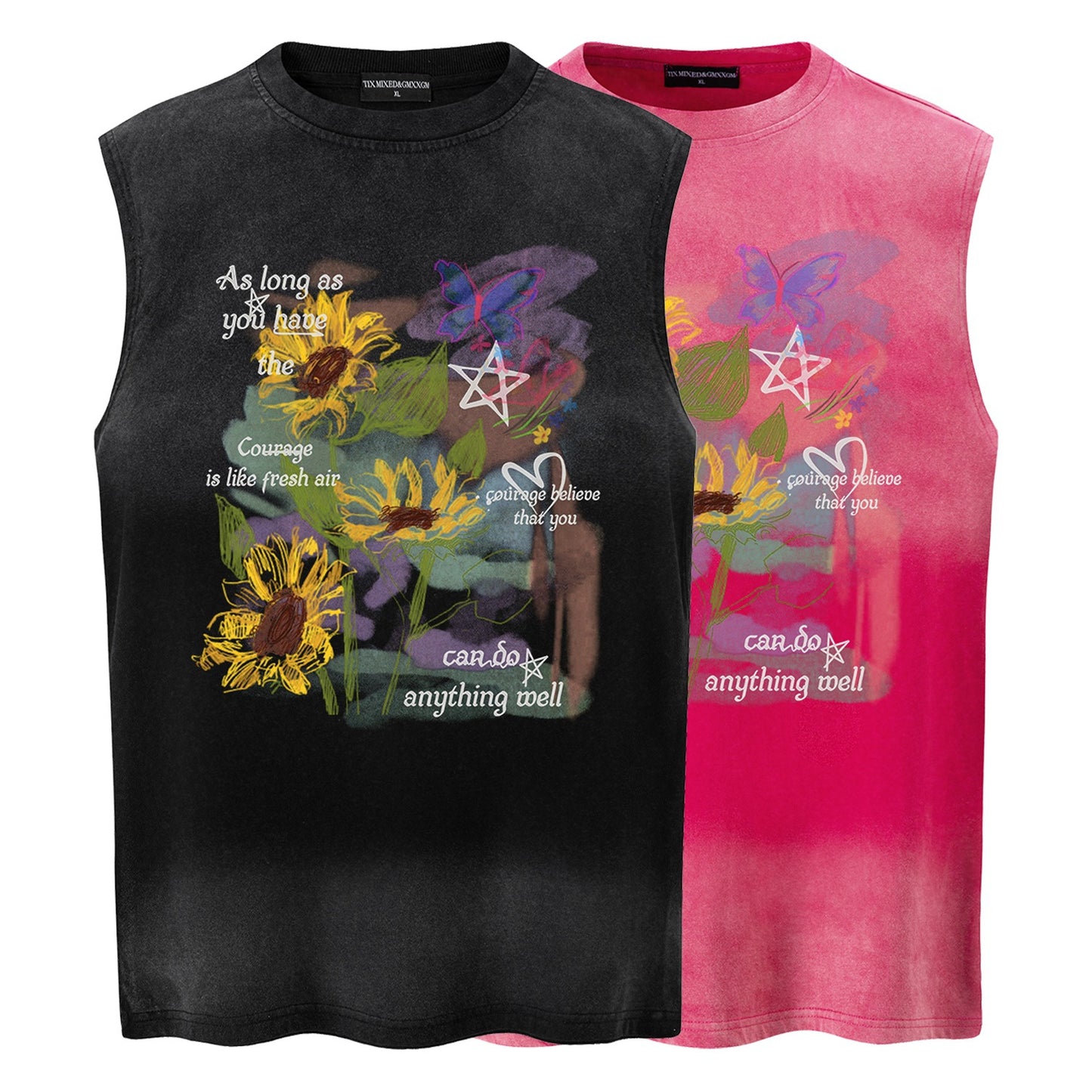 Sunflower Graffiti Vest — Harajuku Style Loose-Fit Cotton Vest (Black / Pink)
