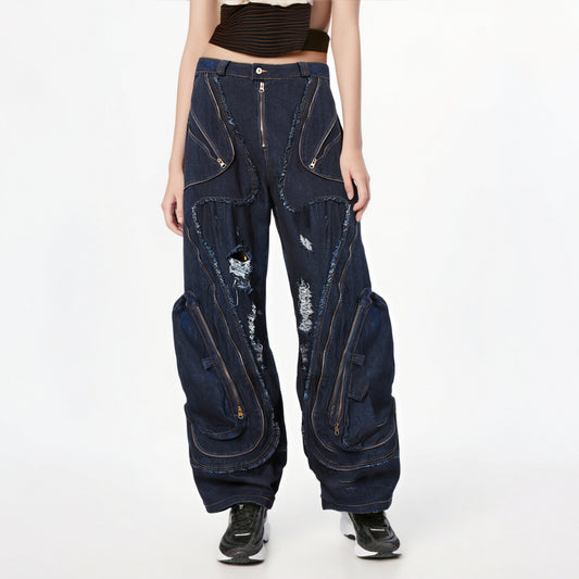 Playful High Waist Navy Blue Wide Leg Jeans with Zipper Pockets