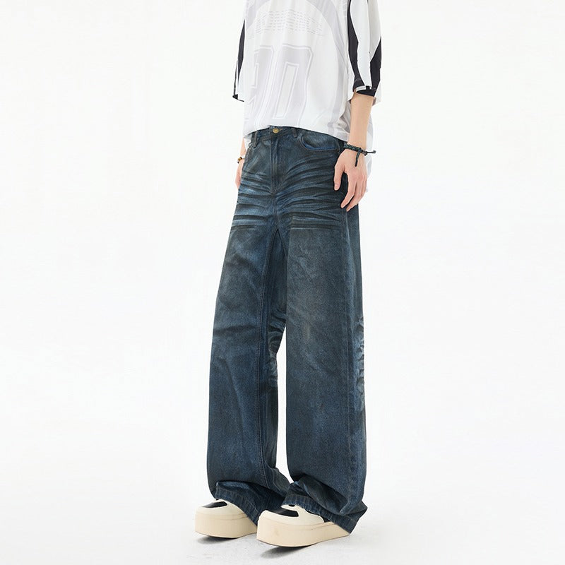 Harajuku Loose Straight Leg Denim Jeans - Dirty Blue