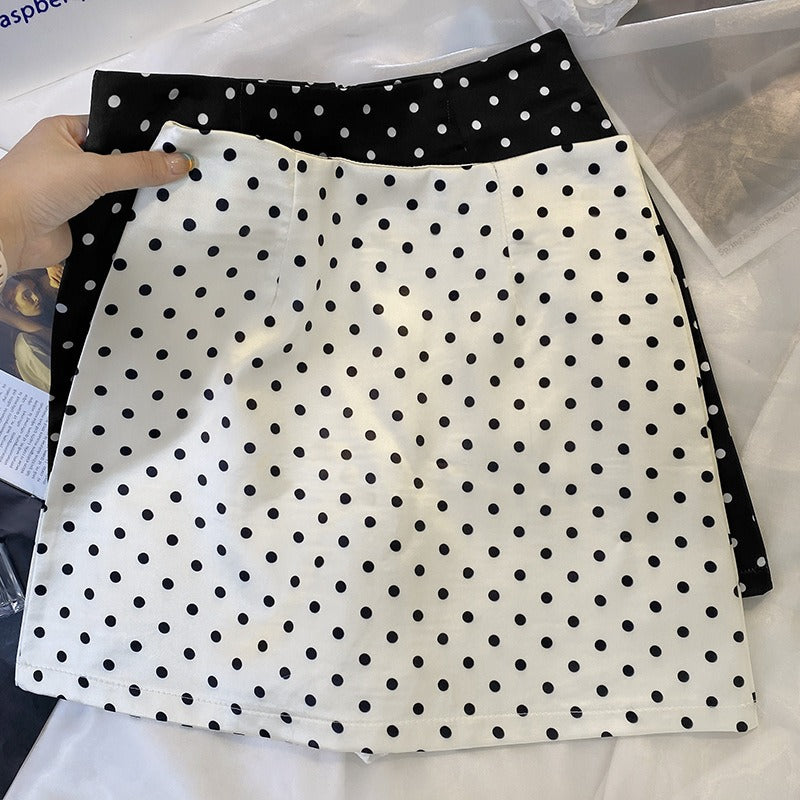 Polka Dot Half-Length Skirt, Feminine, Small Stature, High Waist, A-line Skirt
