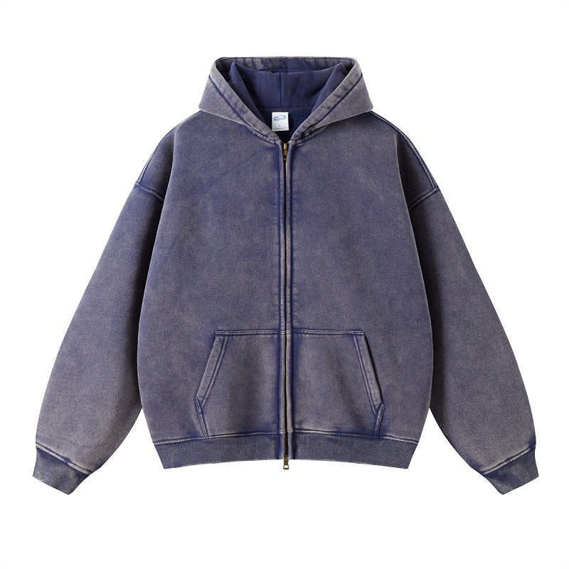Men's Distressed Fleece Hoodie - Harajuku Style Zipper Sweatshirt