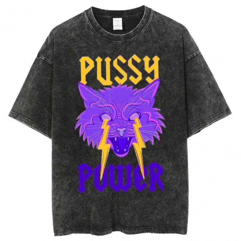Summer Cartoon Cute Pattern Printed T-Shirt Vintage Washed Cotton Short Sleeve Top