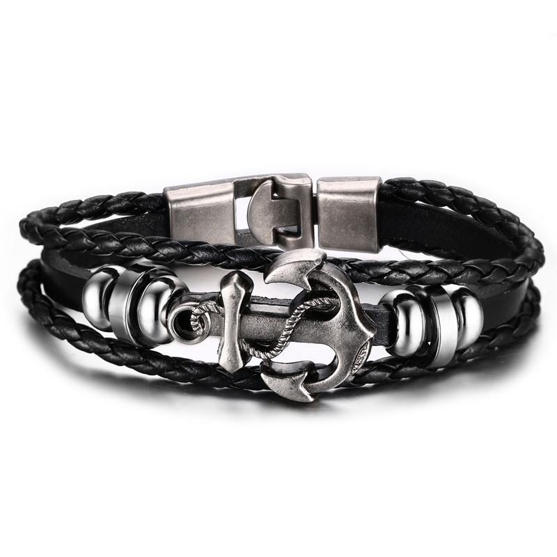 Harajuku Black Braided Leather Anchor Bracelet for Men