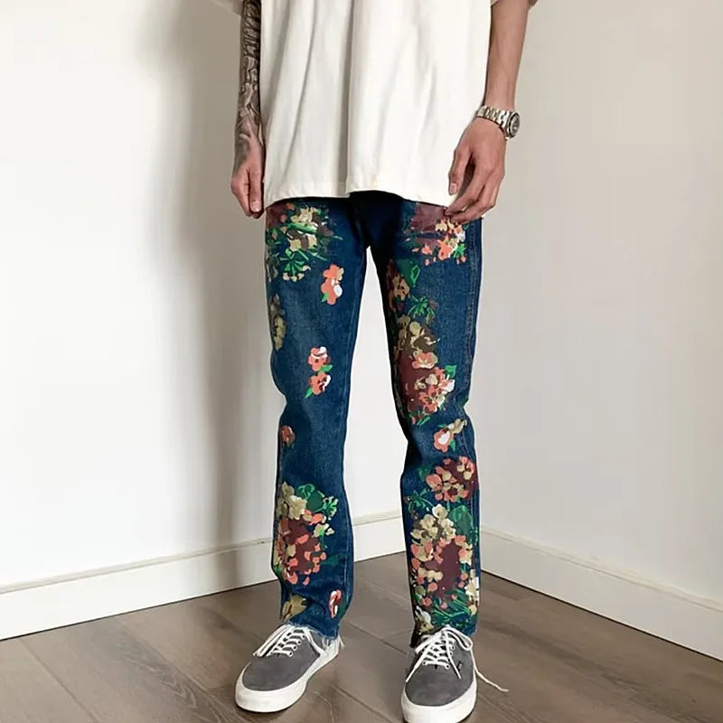 Hand-Painted Floral Graffiti Men's Trendy Jeans