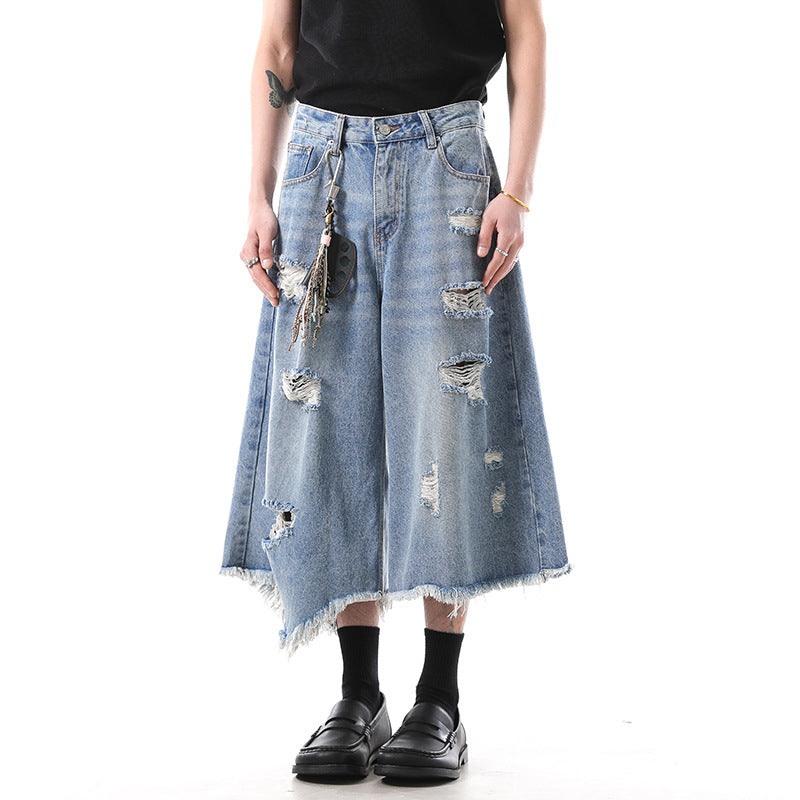 Playful Irregular Tassel Ripped Cropped Pants