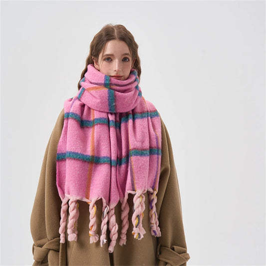 Dopamine Pink Plaid Knotted Tassel Scarf