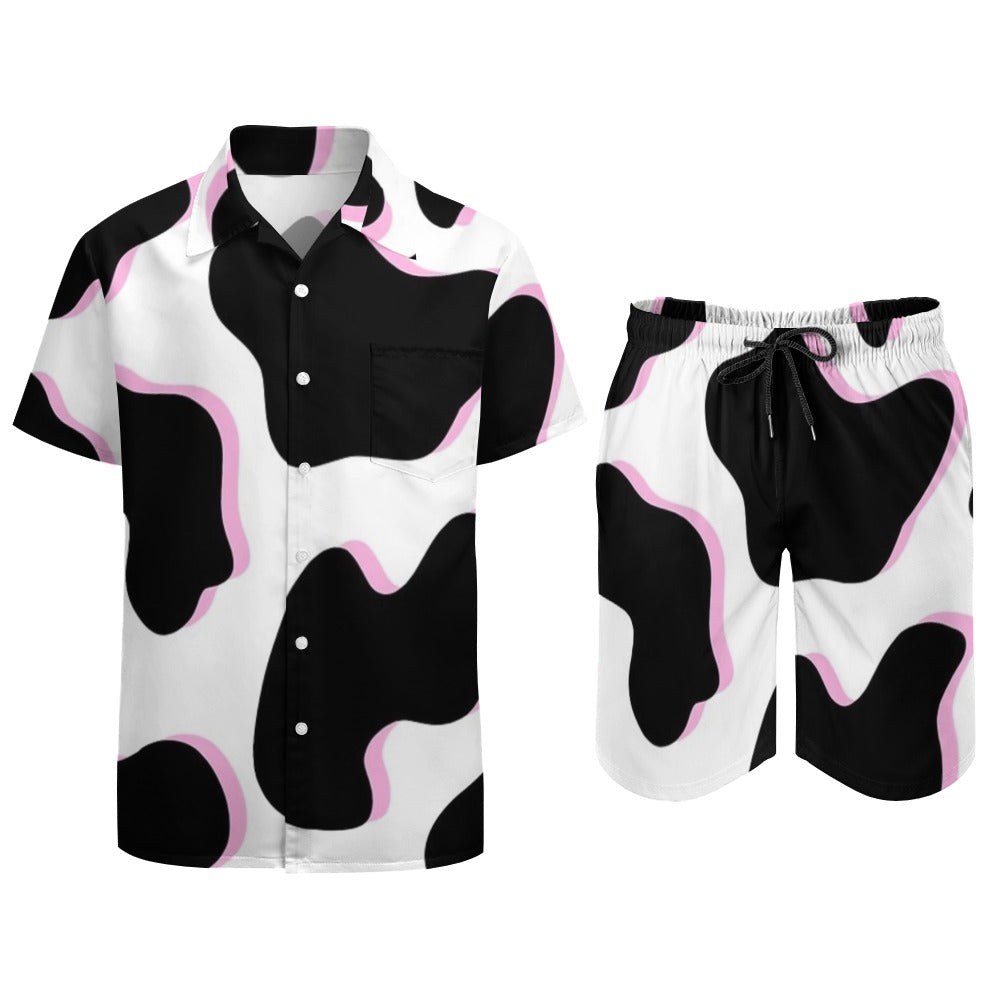 Playful Black and White Pink Cow Pattern Leisure Beach Suit