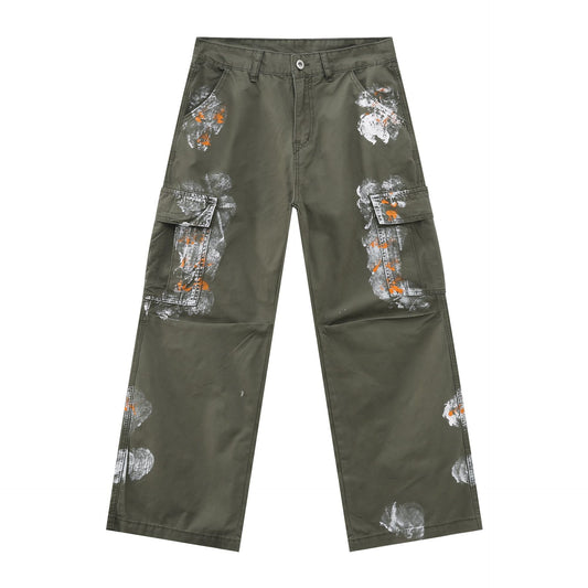 Harajuku Style Distressed Hand-Painted Multi-Pocket Work Pants
