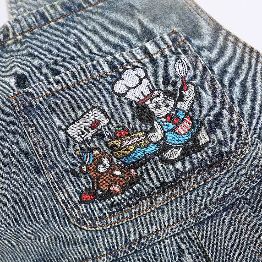 Playful Cartoon Embroidered Denim Overalls for Men