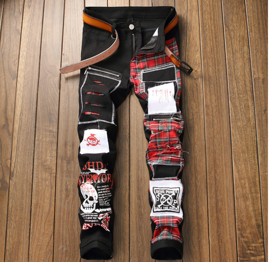 Harajuku Style Black Split Joint Holes Patch Jeans for Men