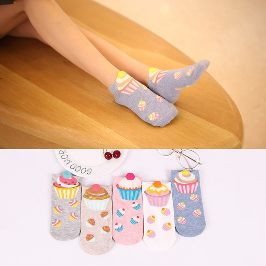 Kawaii Cupcake Ankle Socks - 5 Pairs Women’s Cotton Socks
