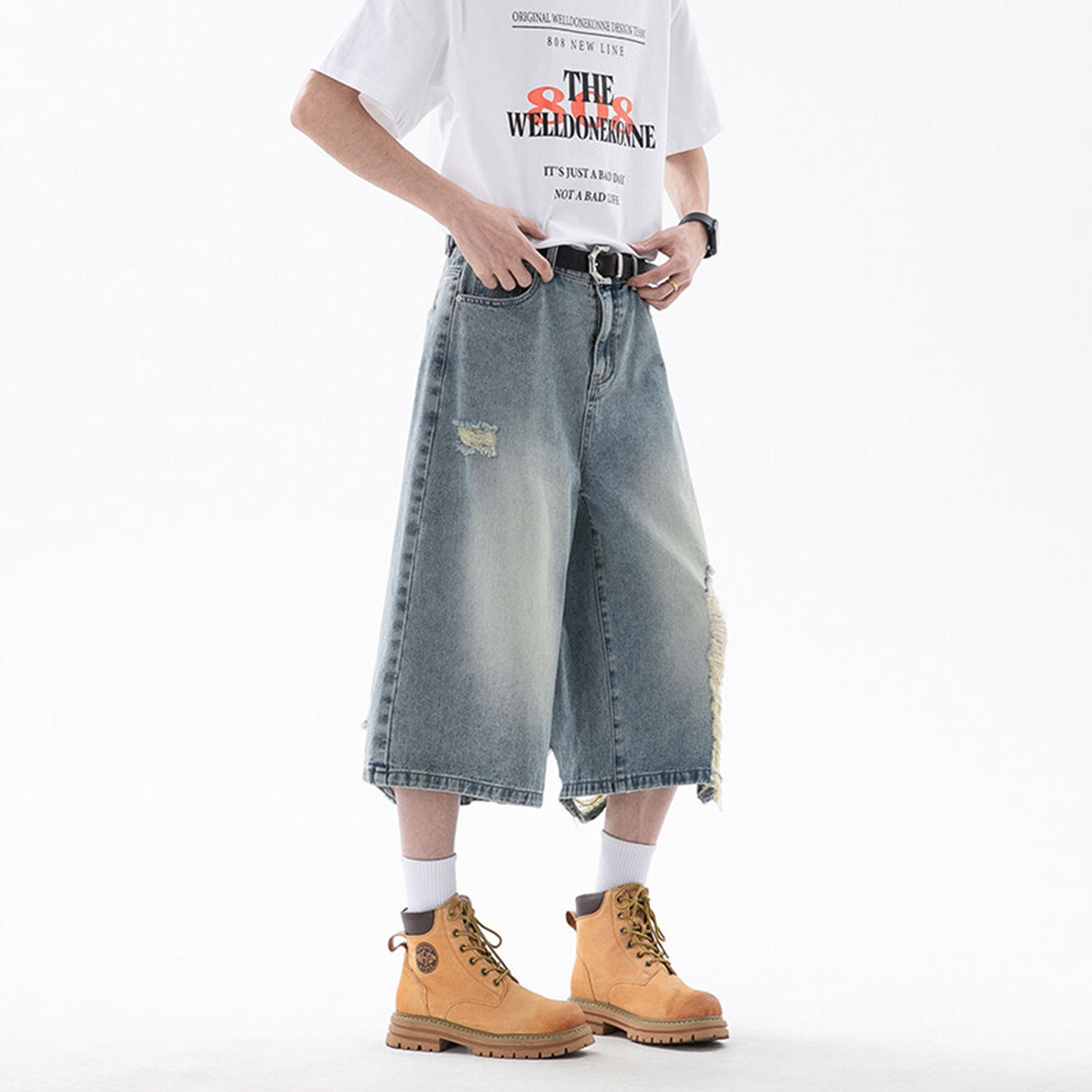 Men's Ripped Denim Cropped Pants - Harajuku Style