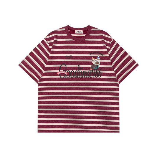 Retro Striped Cartoon Letter Print T-Shirt
