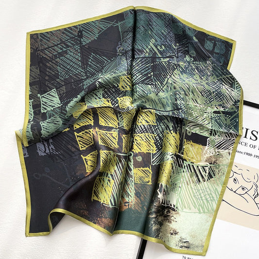 Harajuku Checkered Graffiti Green Silk Scarf & Headband