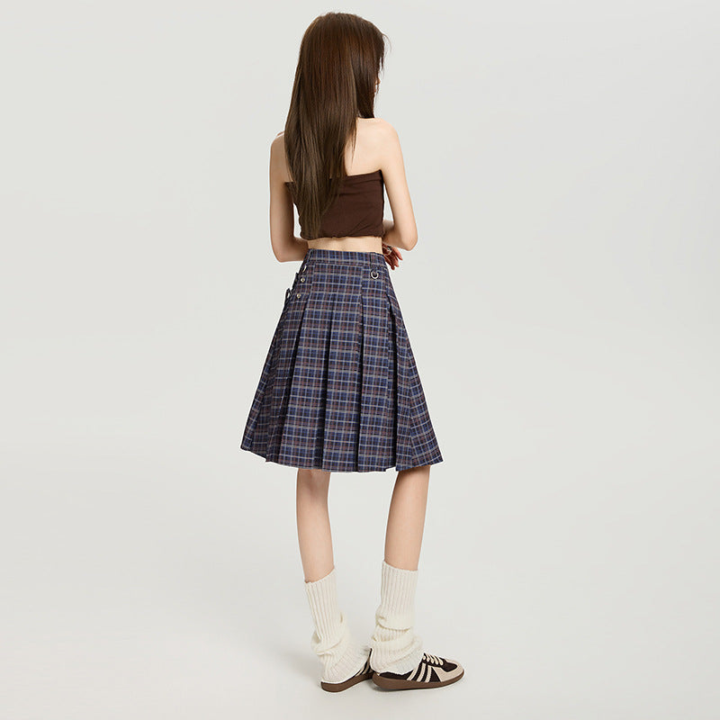 Women's College Style Plaid A-Line Summer Pleated Skirt in Blue Plaid