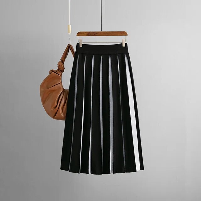 Harajuku Style Knitted Long Skirt - High Waist Black & White Stripes