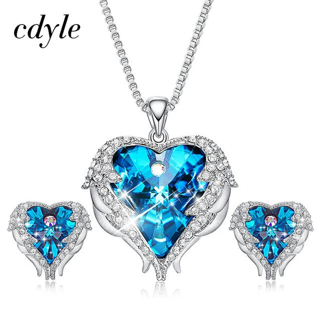 Swarovski Angel Wings Jewelry Set - Purple Blue Heart Pendant