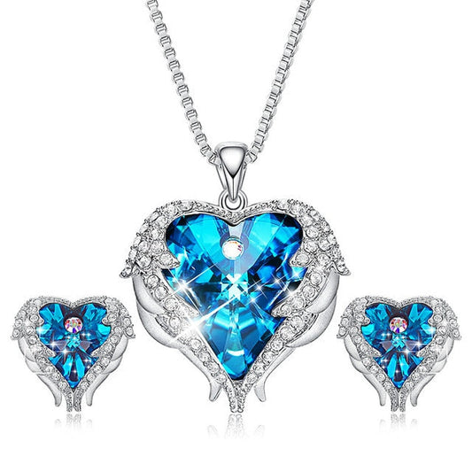 Swarovski Angel Wings Jewelry Set - Purple Blue Heart Pendant