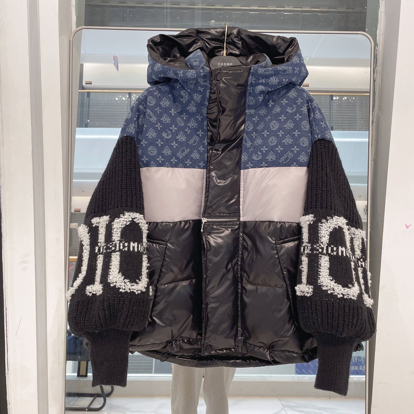 Denim Patchwork Hooded Down Jacket for Women with Knitted Sleeves and Floral Letters