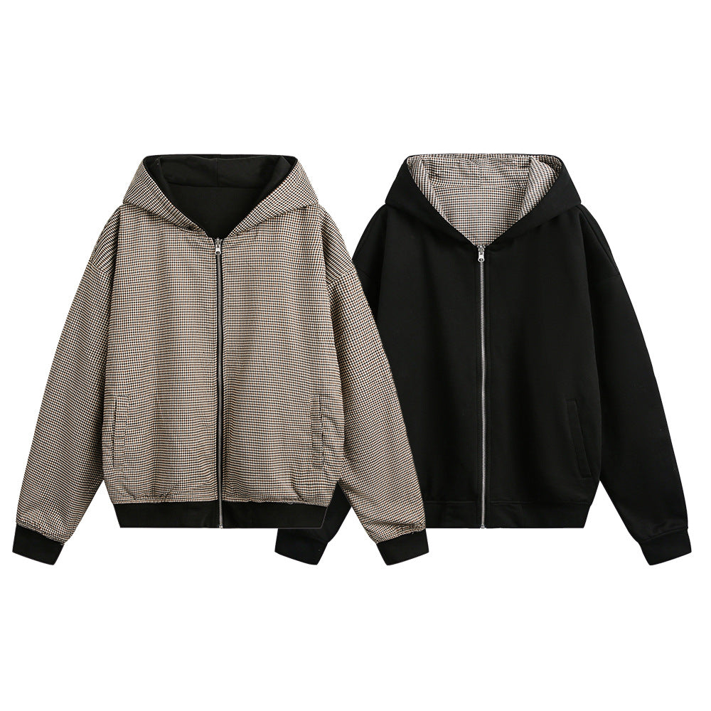 Double-Sided Wear Hooded Cardigan - Unisex Plaid Jacket