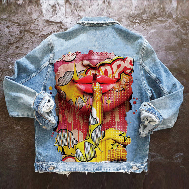 Playful Tongue Out Print Denim Jacket