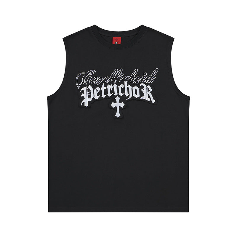 Cross Gothic Letter Embroidered Wide Shoulder Vest — Harajuku Street Style