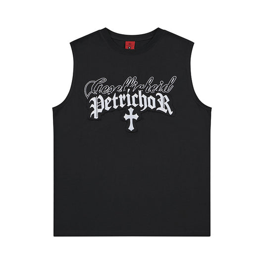 Cross Gothic Letter Embroidered Wide Shoulder Vest — Harajuku Street Style