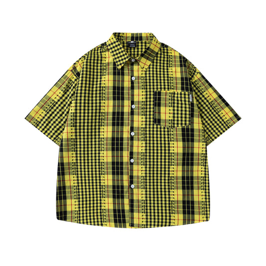 Retro Frayed Plaid Short Sleeve Shirt - Harajuku Style