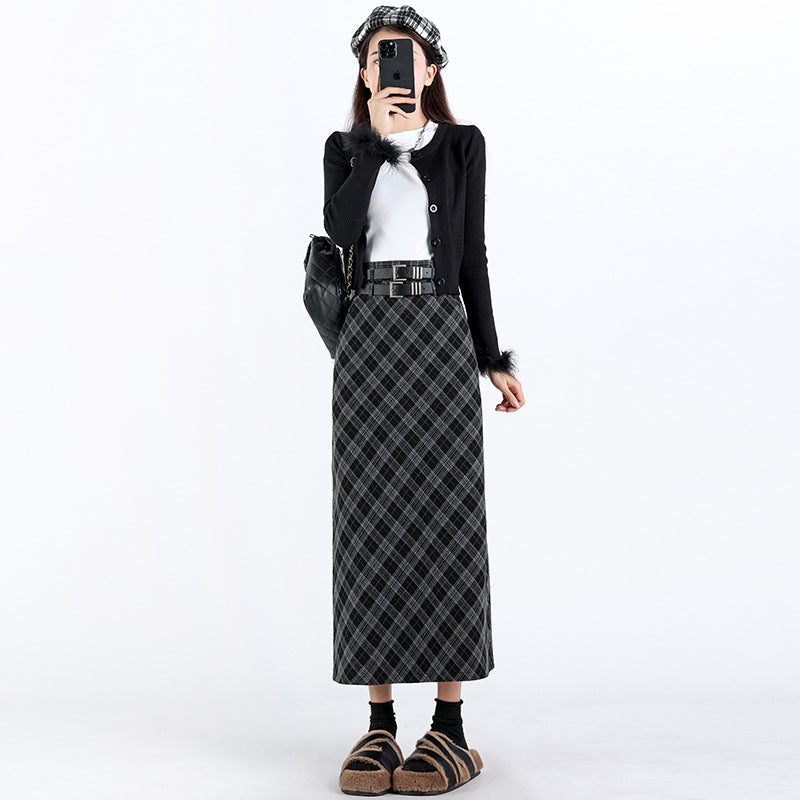 Women's College Style High Waist Plaid Slit A-Line Midi Skirt - Loose Elastic Slim Fit Pencil Skirt