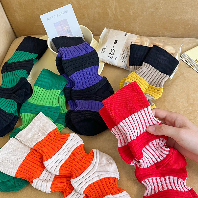 Harajuku Style Pleated Mid-Tube Socks - Contrast Color Cotton