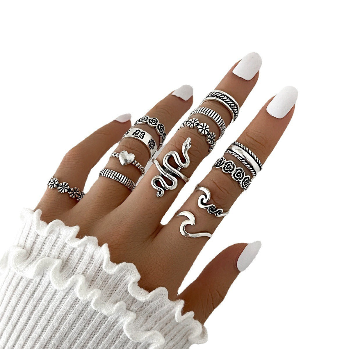 Playful Flower Love Geometric Snake Ring Set - 13 Pcs