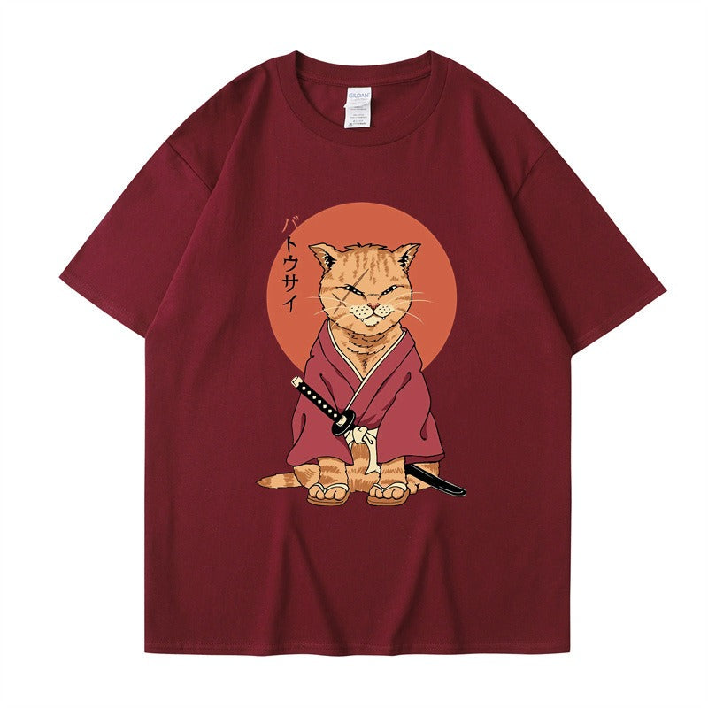 Cute Ninja Cat Print T-Shirt for Men and Women, Cool Summer Short Sleeved Round Neck T-Shirt