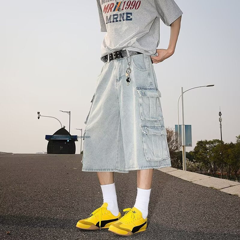 Retro Loose Casual Distressed Wide Leg Seven Quarter Pants