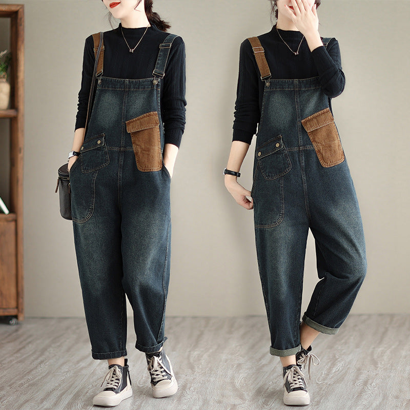 Color Blocked Oversized Denim Overalls Jumpsuit