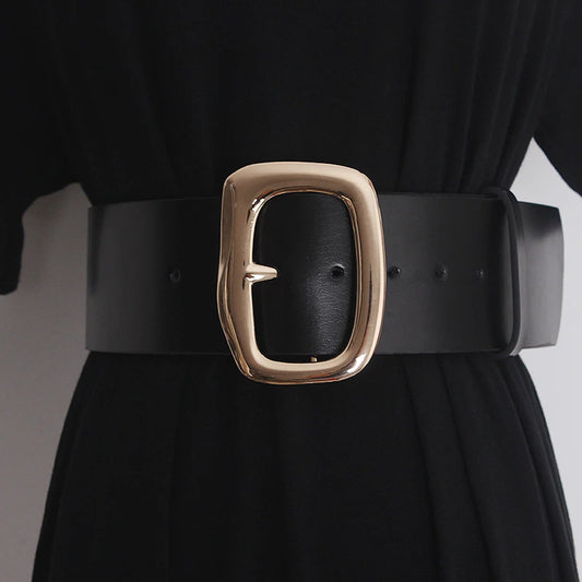 Luxury Wide Cowhide Waist Belt for Women - Black Adjustable Corset
