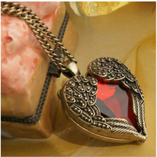 Vintage Retro Red Heart Wings Necklace for Women