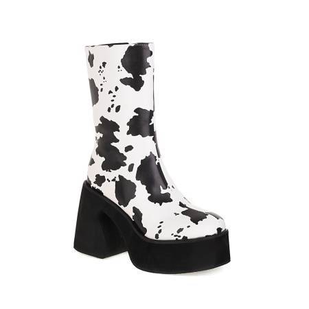 Cow Print Chunky High Heel Platform Mid Boots for Women
