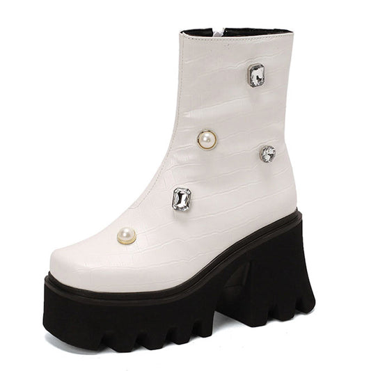 Rhinestone Thick Bottom Boots - British Style